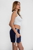 Game day mid-rise fleece shorts in cozy plush fabric with adjustable waistband color navy