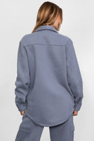 TIC TOC TAYLER Essential Fleece Oversized Shacket in french blue with button-up front and cozy collar