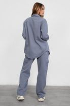 TIC TOC TAYLER Essential Fleece Oversized Shacket in french blue with button-up front and cozy collar