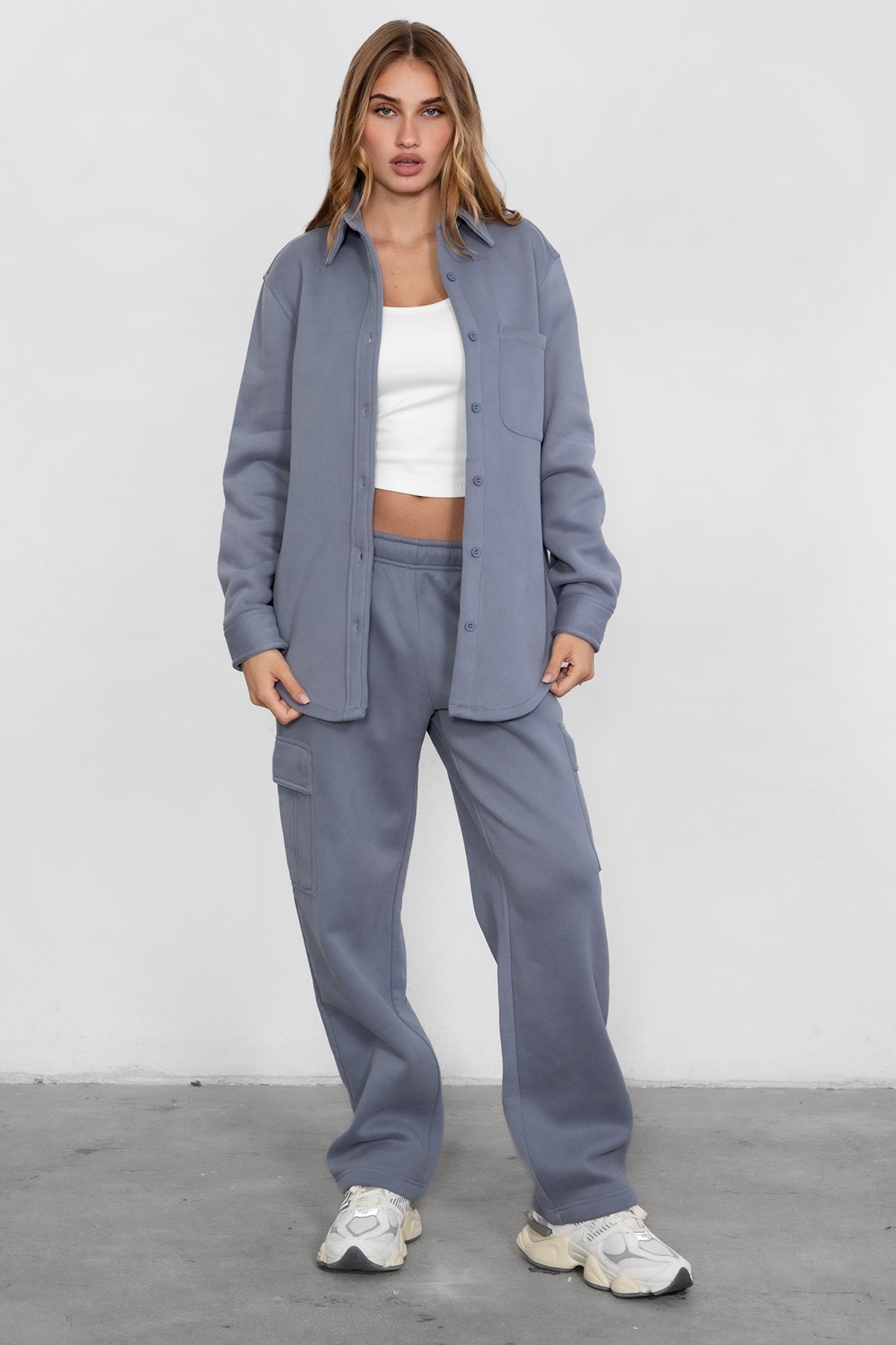 TIC TOC TAYLER Essential Fleece Oversized Shacket in french blue with button-up front and cozy collar