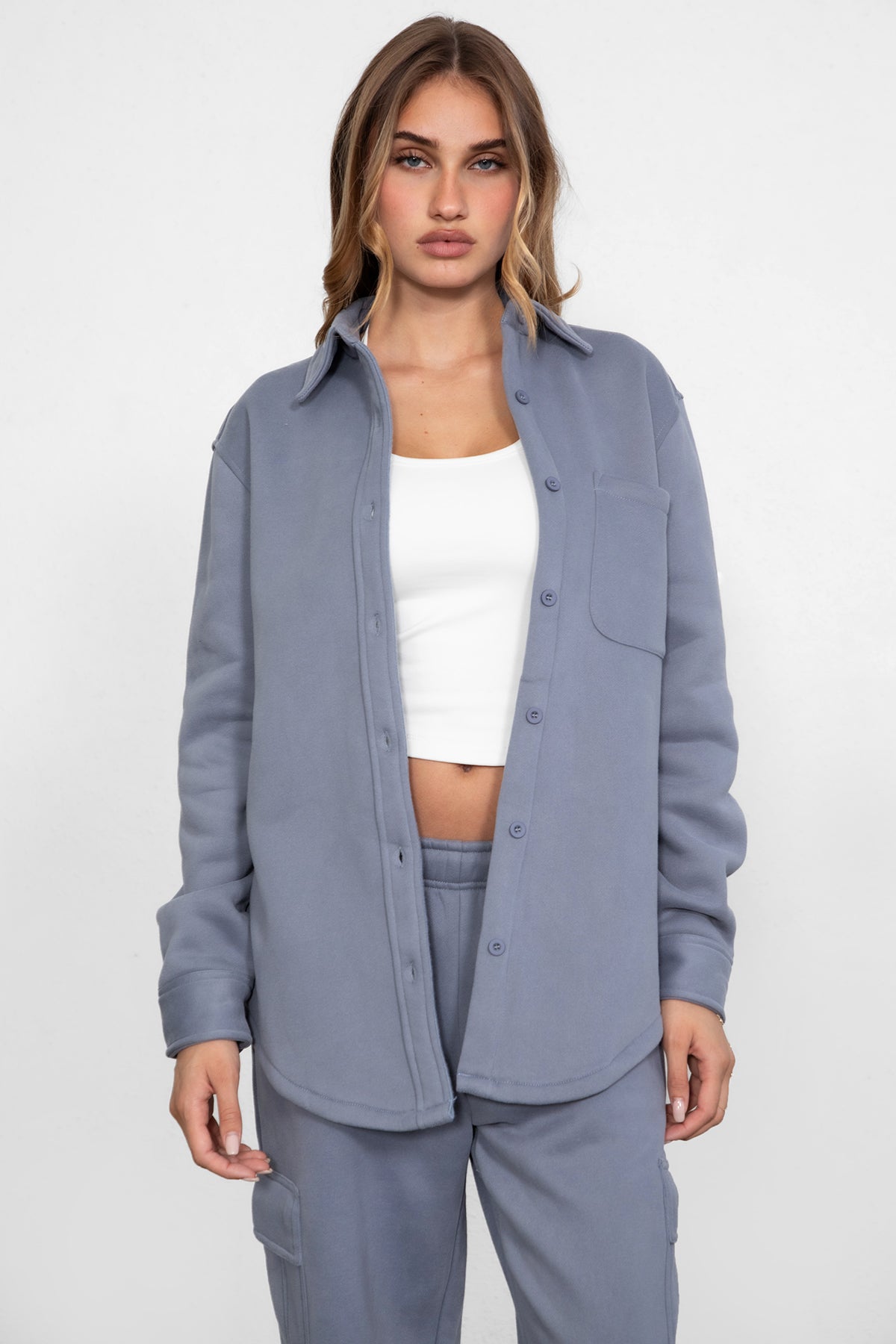 TIC TOC TAYLER Essential Fleece Oversized Shacket in french blue with button-up front and cozy collar