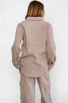 TIC TOC TAYLER Essential Fleece Oversized Shacket in taupe with button-up front and cozy collar