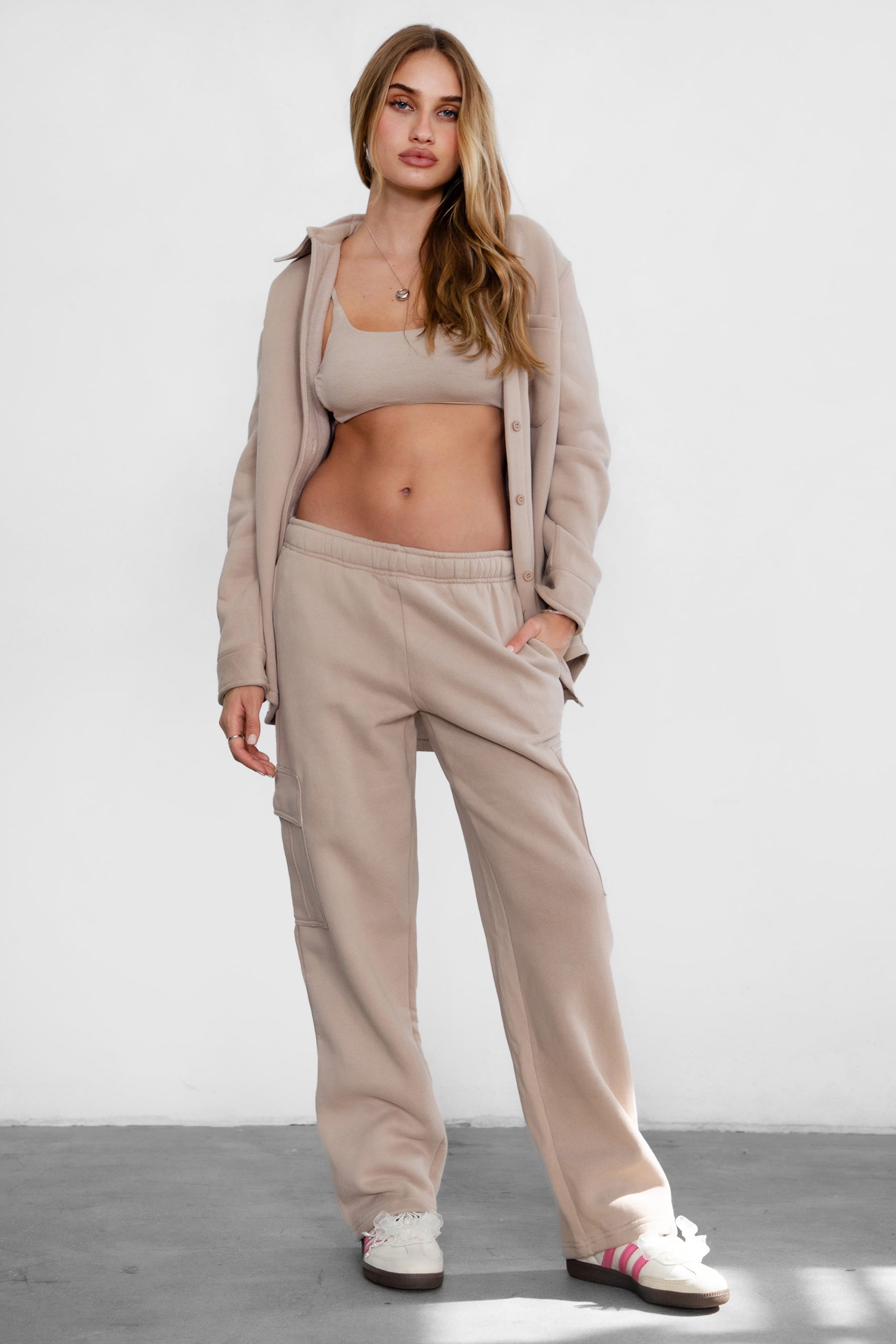 TIC TOC TAYLER Essential Fleece Oversized Shacket in taupe with button-up front and cozy collar