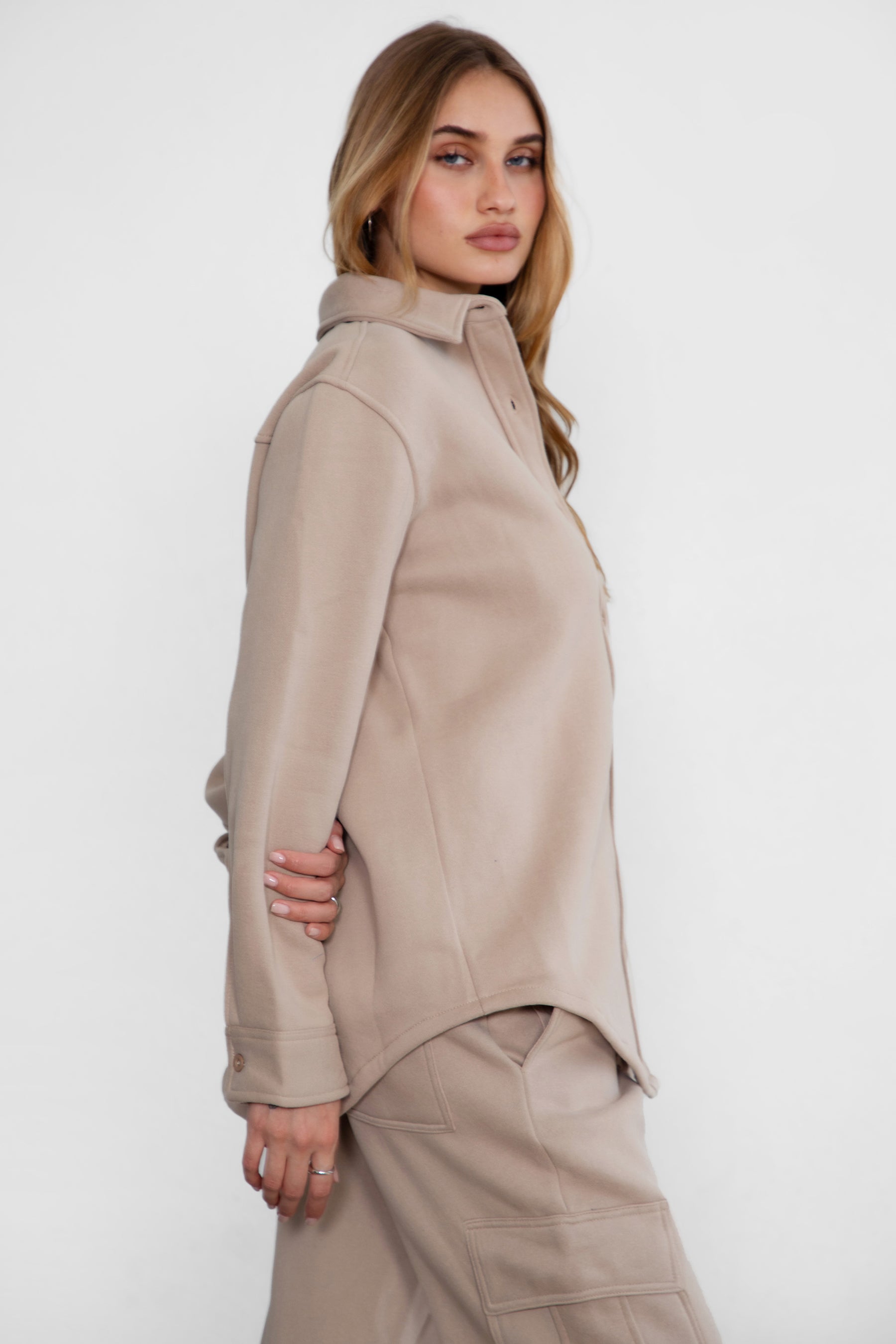 TIC TOC TAYLER Essential Fleece Oversized Shacket in taupe with button-up front and cozy collar