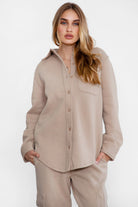 TIC TOC TAYLER Essential Fleece Oversized Shacket in taupe with button-up front and cozy collar