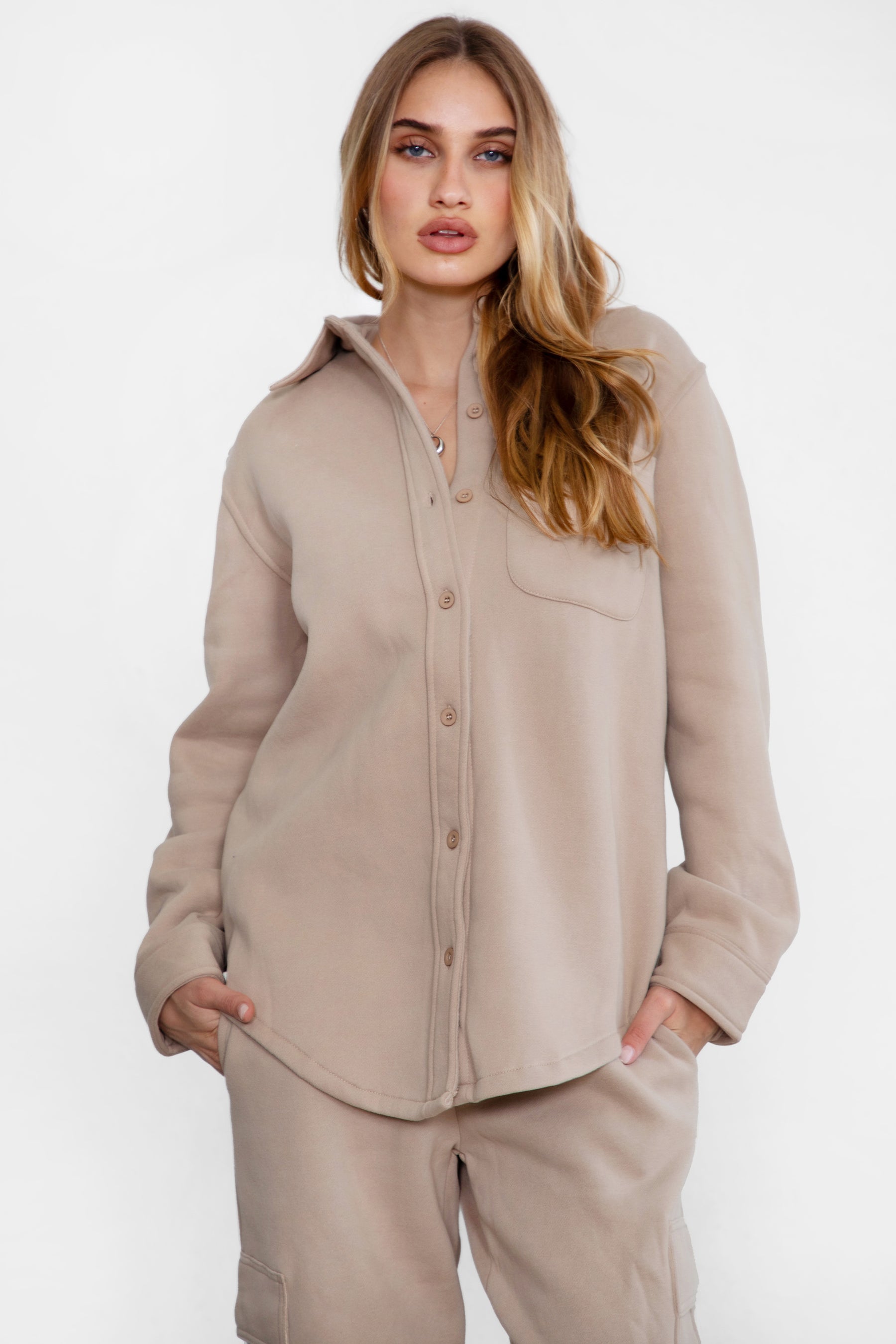 TIC TOC TAYLER Essential Fleece Oversized Shacket in taupe with button-up front and cozy collar