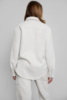 Women's fleece button-up shacket in heather white by TIC TOC, ideal for lounging or layering