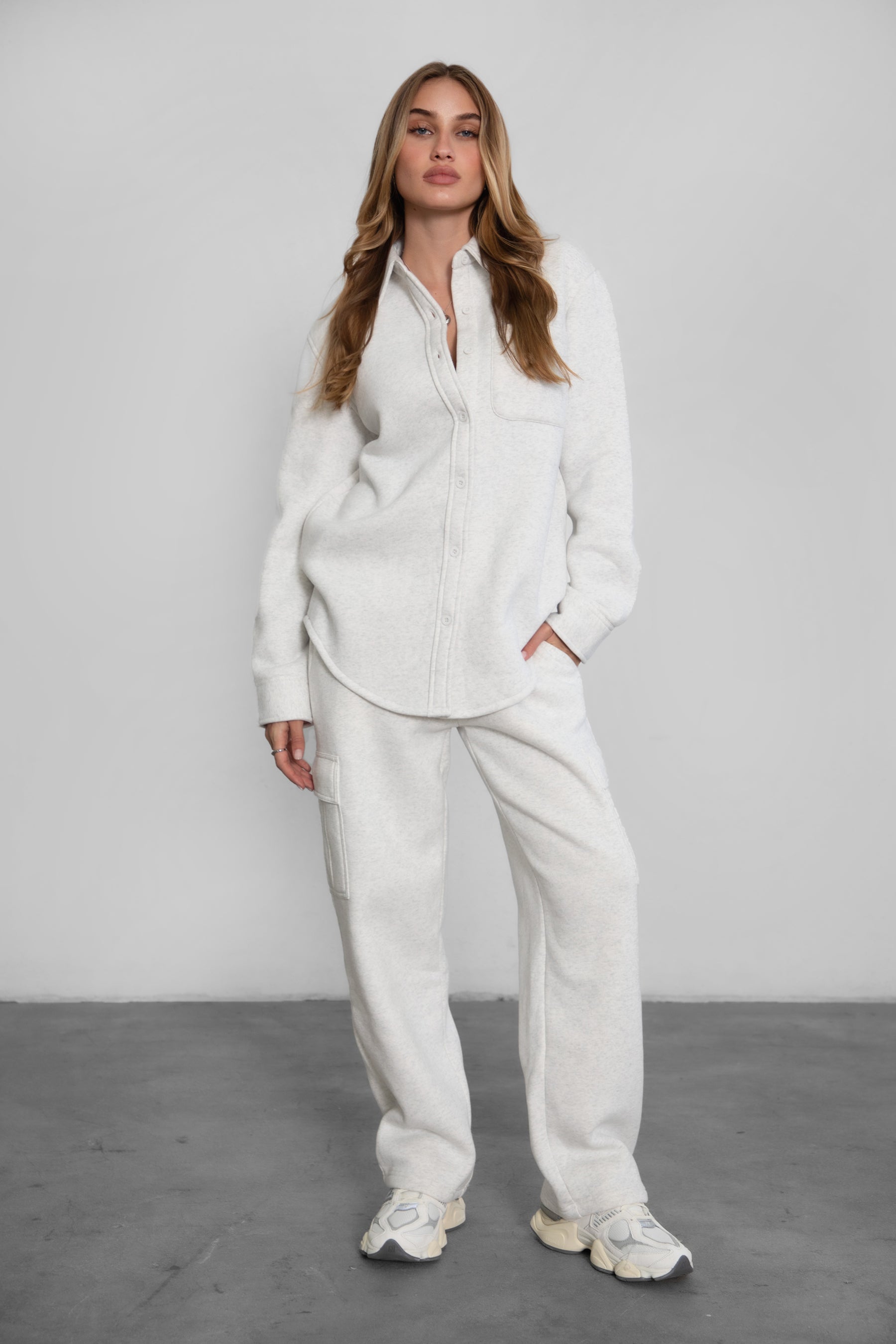 Women's fleece button-up shacket in heather white by TIC TOC, ideal for lounging or layering