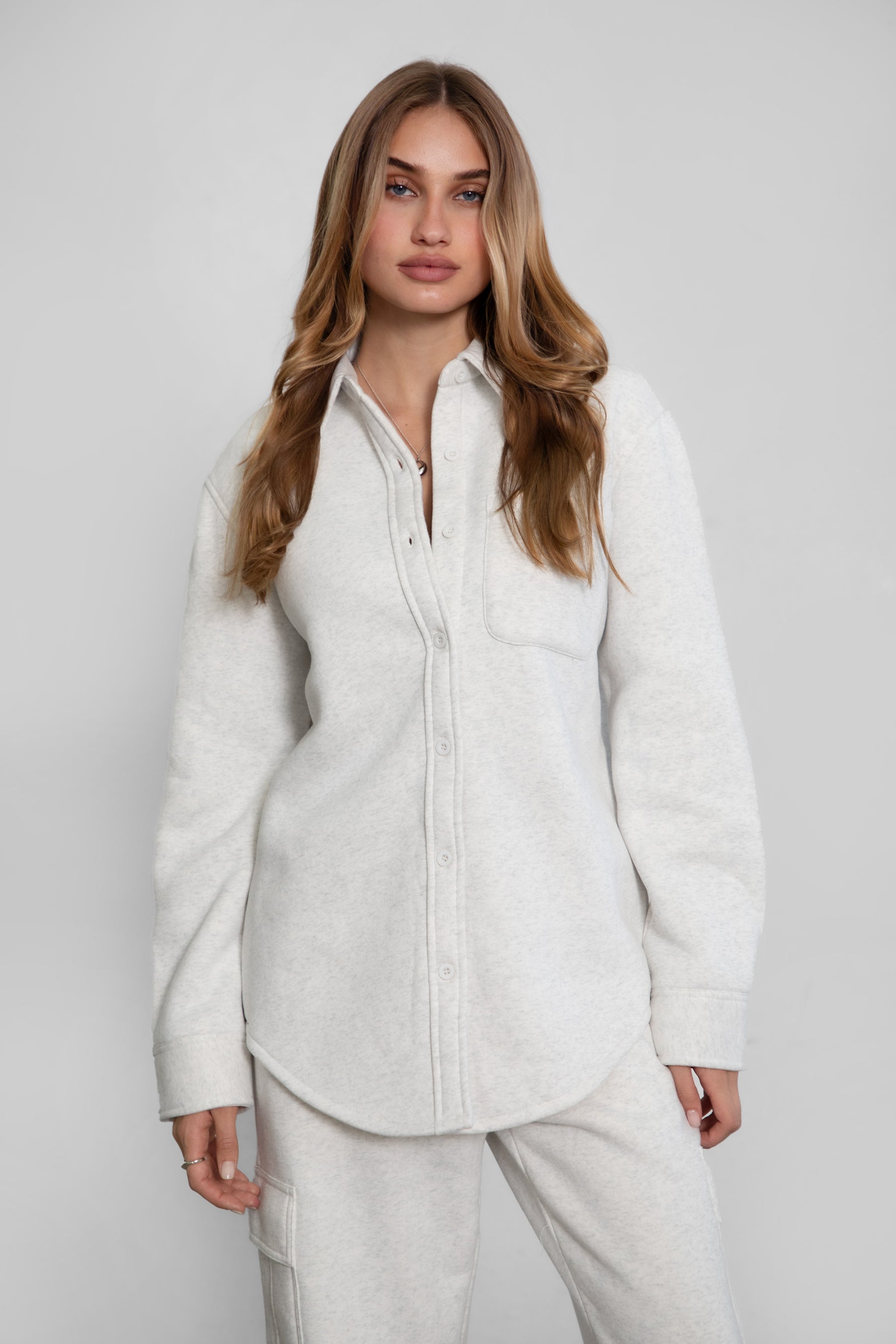 Women's fleece button-up shacket in heather white by TIC TOC, ideal for lounging or layering