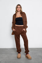 Soft and oversized TAYLER fleece shacket by TIC TOC in brown, designed with a cropped fit and single pocket