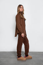 Soft and oversized TAYLER fleece shacket by TIC TOC in brown, designed with a cropped fit and single pocket