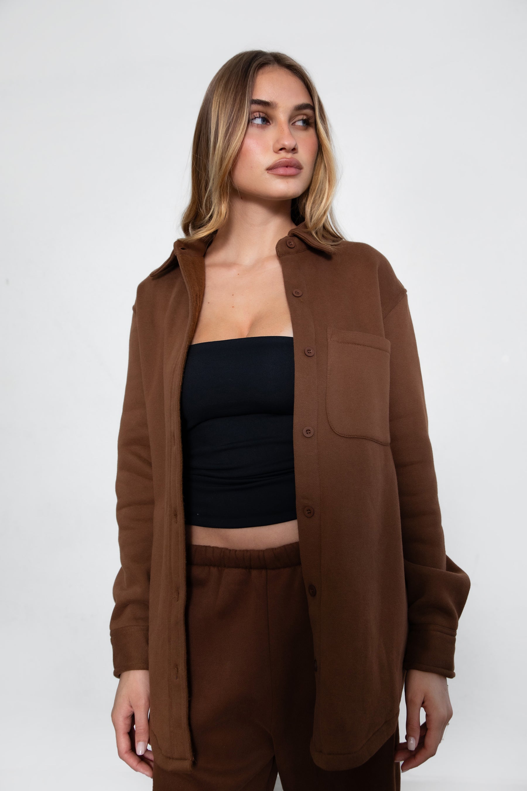 Soft and oversized TAYLER fleece shacket by TIC TOC in brown, designed with a cropped fit and single pocket