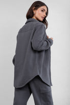 Soft and oversized TAYLER fleece shacket by TIC TOC in graphite, designed with a cropped fit and single pocket