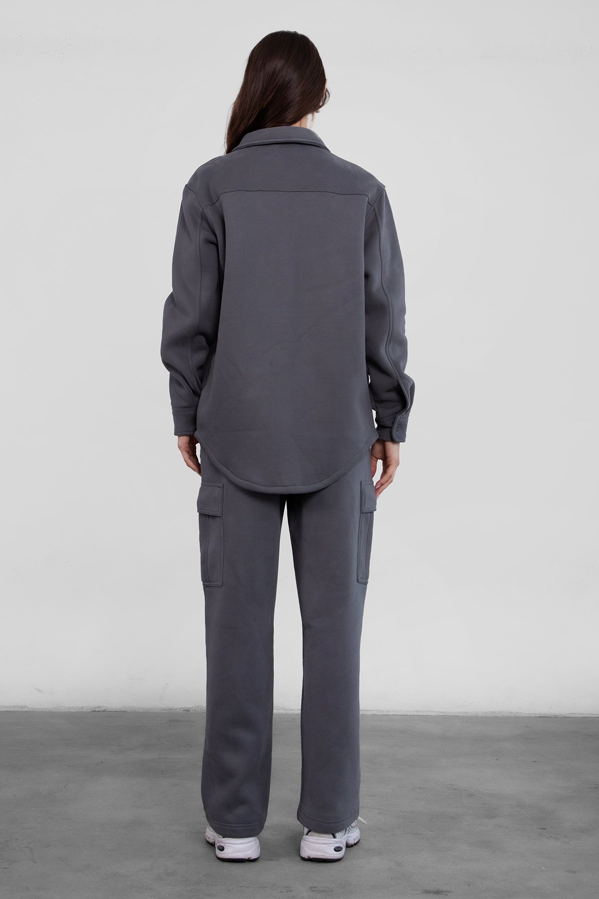 Soft and oversized TAYLER fleece shacket by TIC TOC in graphite, designed with a cropped fit and single pocket