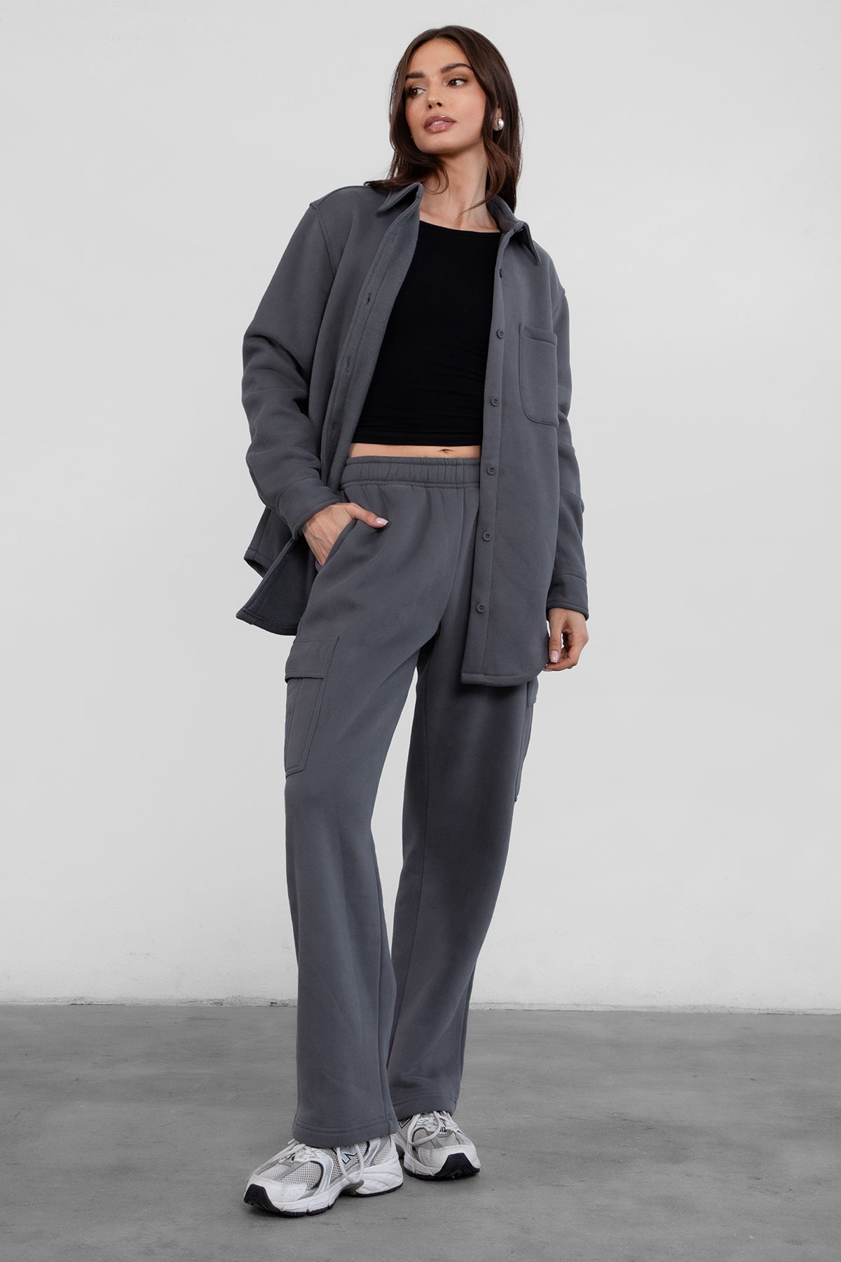 Soft and oversized TAYLER fleece shacket by TIC TOC in graphite, designed with a cropped fit and single pocket