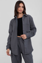 Soft and oversized TAYLER fleece shacket by TIC TOC in graphite, designed with a cropped fit and single pocket