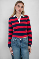 TIC TOC TOMMY rugby striped long sleeve shirt in navy red with contrast collar