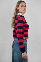 TIC TOC TOMMY rugby striped long sleeve shirt in navy red with contrast collar