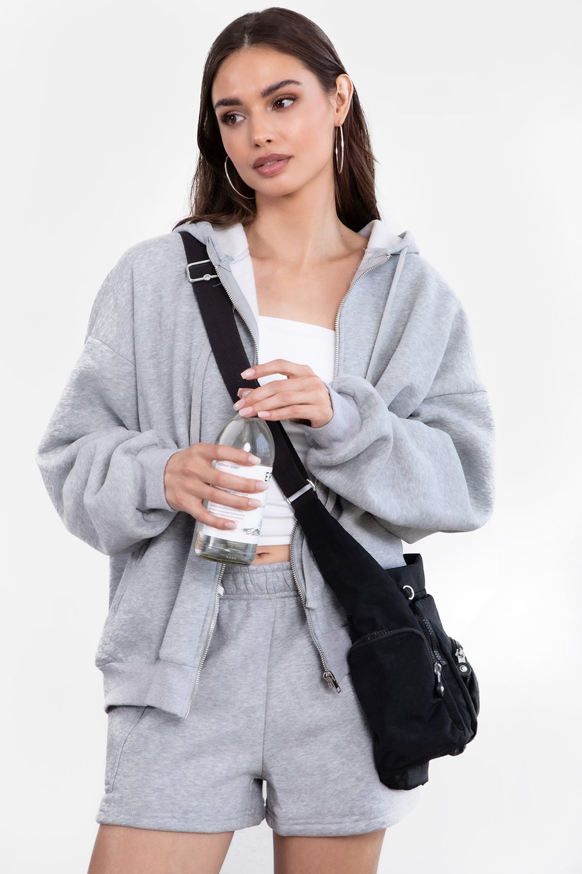 Heather grey oversized zip-up fleece hoodie with ribbed hem and cuffs for a classic casual look by Tic Toc.