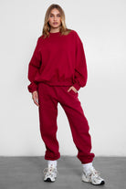 TIC TOC VARSITY oversized fleece crewneck pullover in burgundy with ribbed detailing