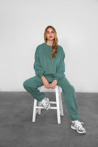 TIC TOC VARSITY oversized fleece crewneck pullover in pin green with ribbed detailing