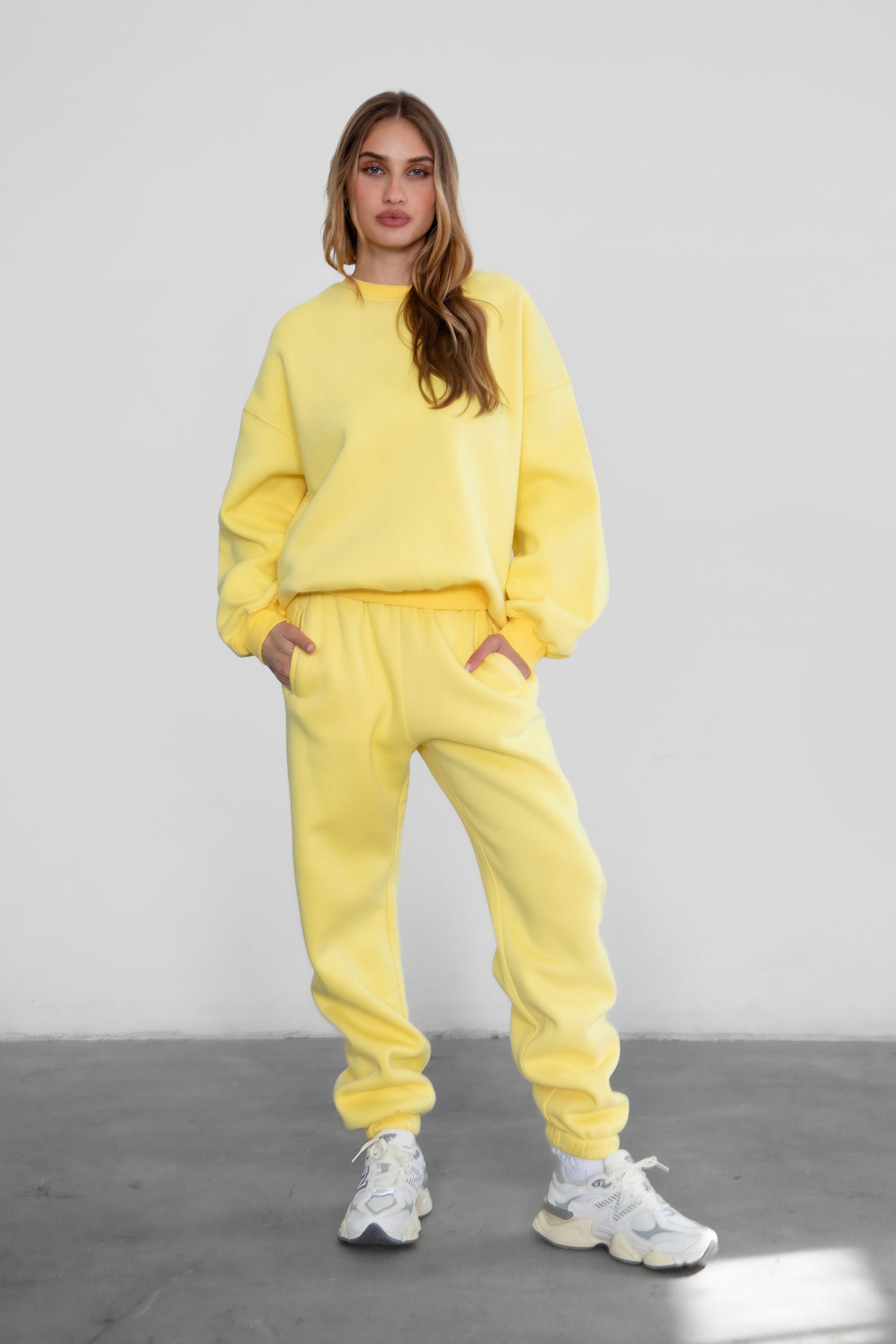 VARSITY crew neck fleece pullover sweatshirt in matching Essentials Plush Collection shades in yellow