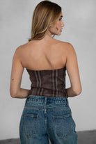 Vintage-inspired strapless denim bustier by TIC TOC, featuring a straight neckline and hook closure