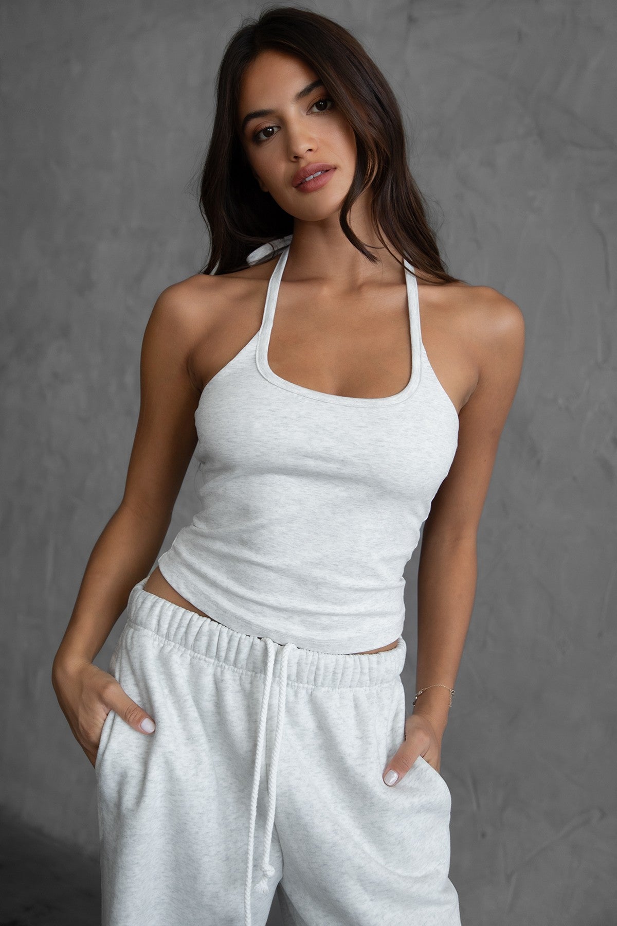 TIC TOC YUMI halter tie tank top in heather white with adjustable neck straps