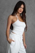 TIC TOC YUMI halter tie tank top in heather white with adjustable neck straps