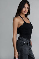 TIC TOC low plunge neck tank top in black, soft brushed stretch fabric"