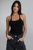 TIC TOC low plunge neck tank top in black, soft brushed stretch fabric"